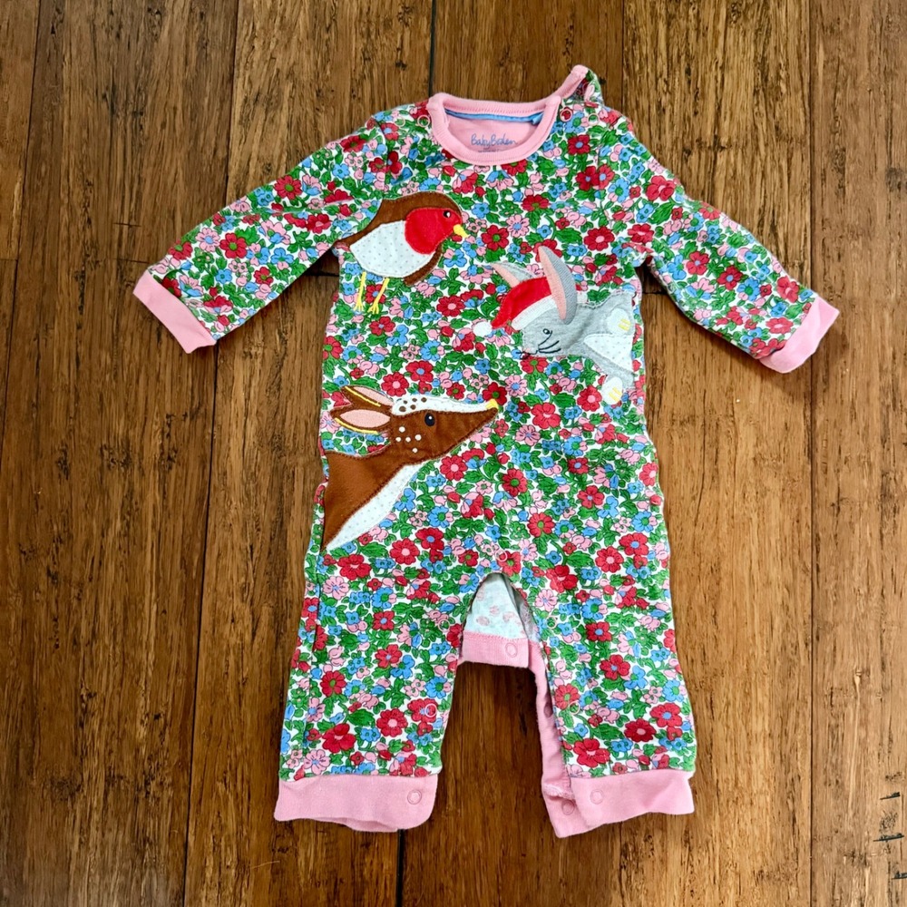 Baby Boden Floral Woodland Animal Applique Romper Pink Multi 0-3M 62cm